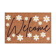 Floral print door mat with blue flowers on a brown ground
