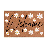 Floral print door mat with blue flowers on a brown ground