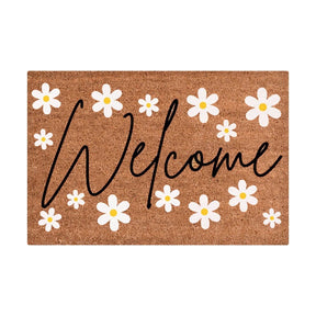 Floral print door mat with blue flowers on a brown ground