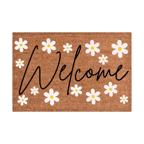 Floral print door mat with blue flowers on a brown ground
