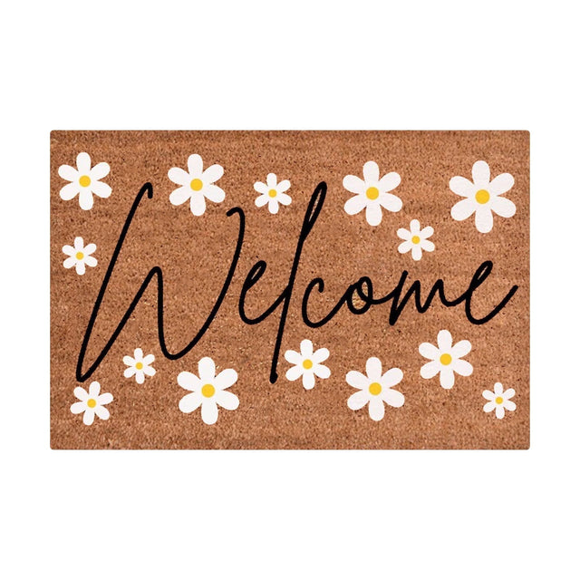 Floral print door mat with blue flowers on a brown ground