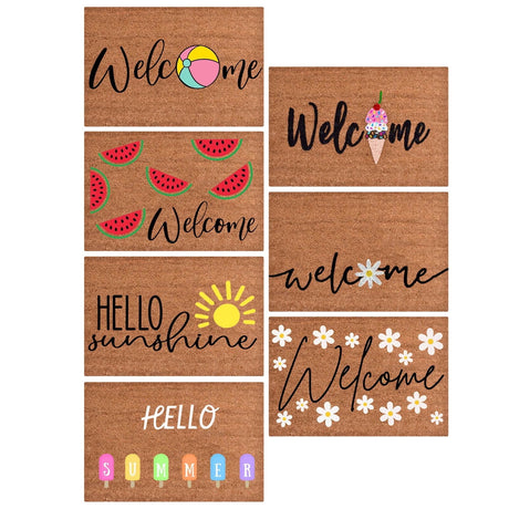 Floral print door mat with blue flowers on a brown ground