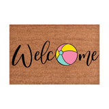 Floral print door mat with blue flowers on a brown ground
