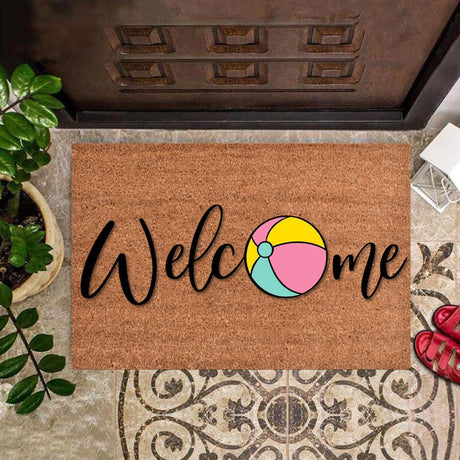 Floral print door mat with blue flowers on a brown ground