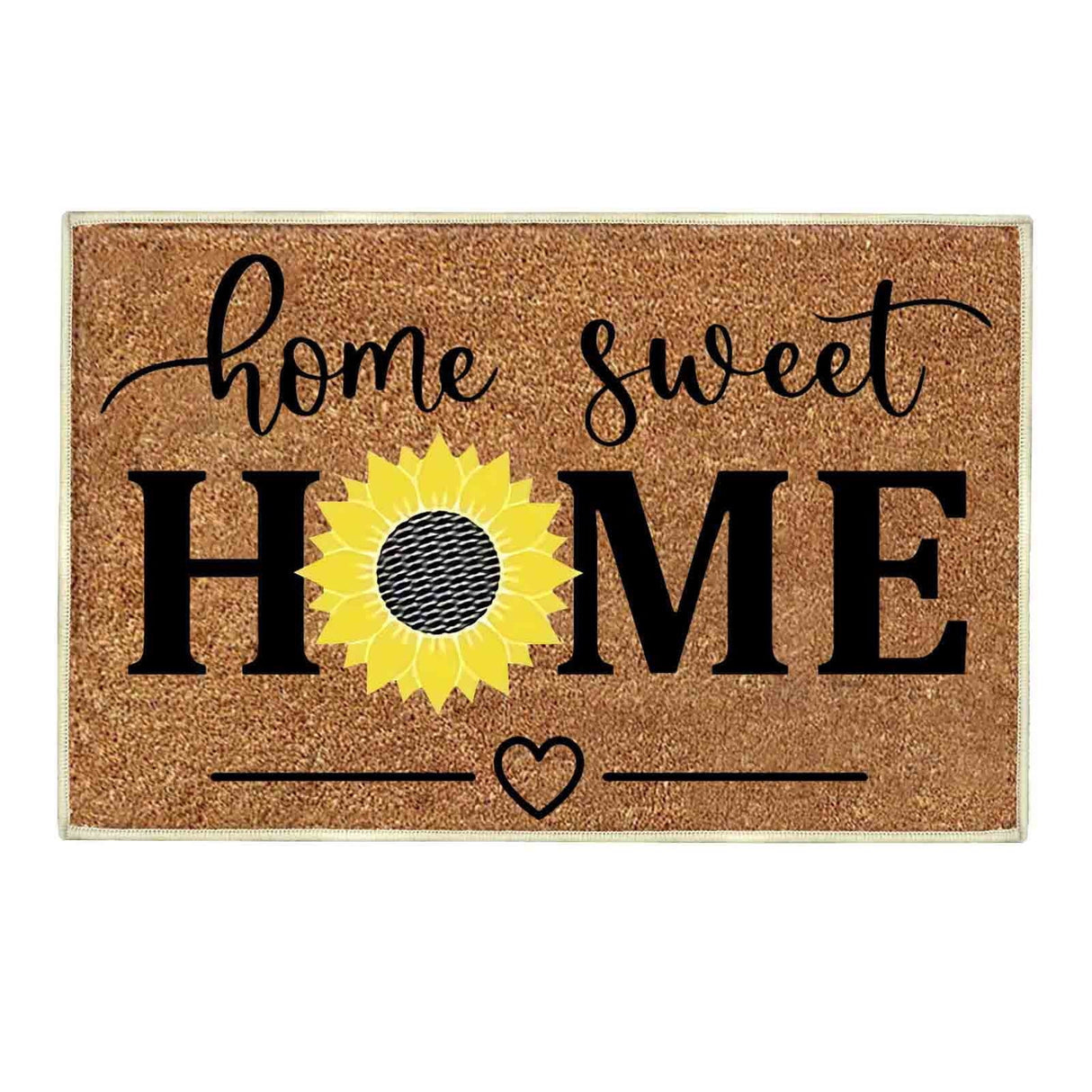 Floral print door mat with blue flowers on a brown ground