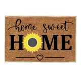 Floral print door mat with blue flowers on a brown ground
