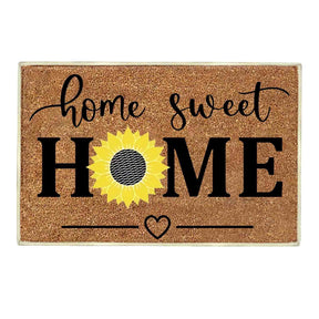 Floral print door mat with blue flowers on a brown ground