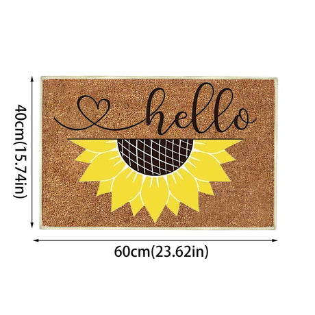 Floral print door mat with blue flowers on a brown ground