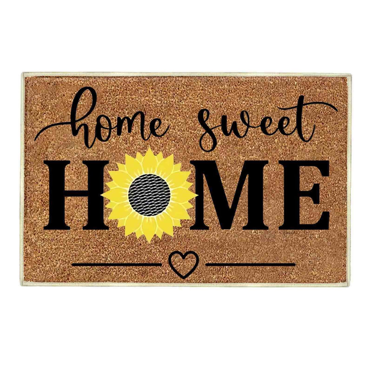 Floral print door mat with blue flowers on a brown ground