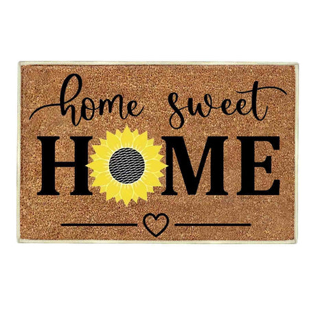 Floral print door mat with blue flowers on a brown ground