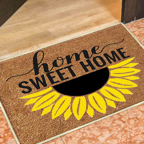 Floral print door mat with blue flowers on a brown ground
