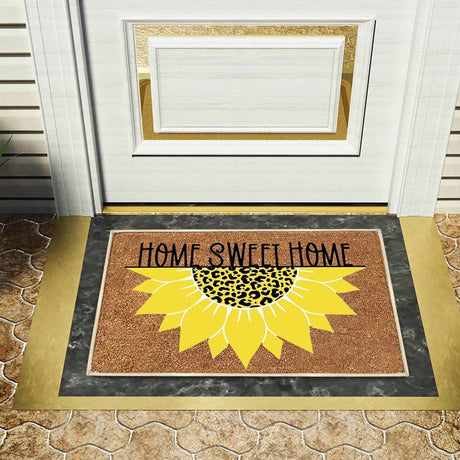 Floral print door mat with blue flowers on a brown ground