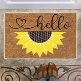Floral print door mat with blue flowers on a brown ground