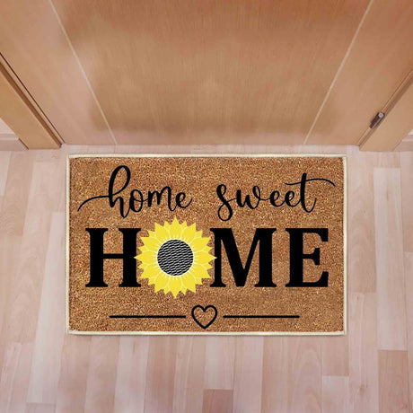 Floral print door mat with blue flowers on a brown ground
