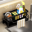 Black sink caddy organiser with draining tray and side hanging rod