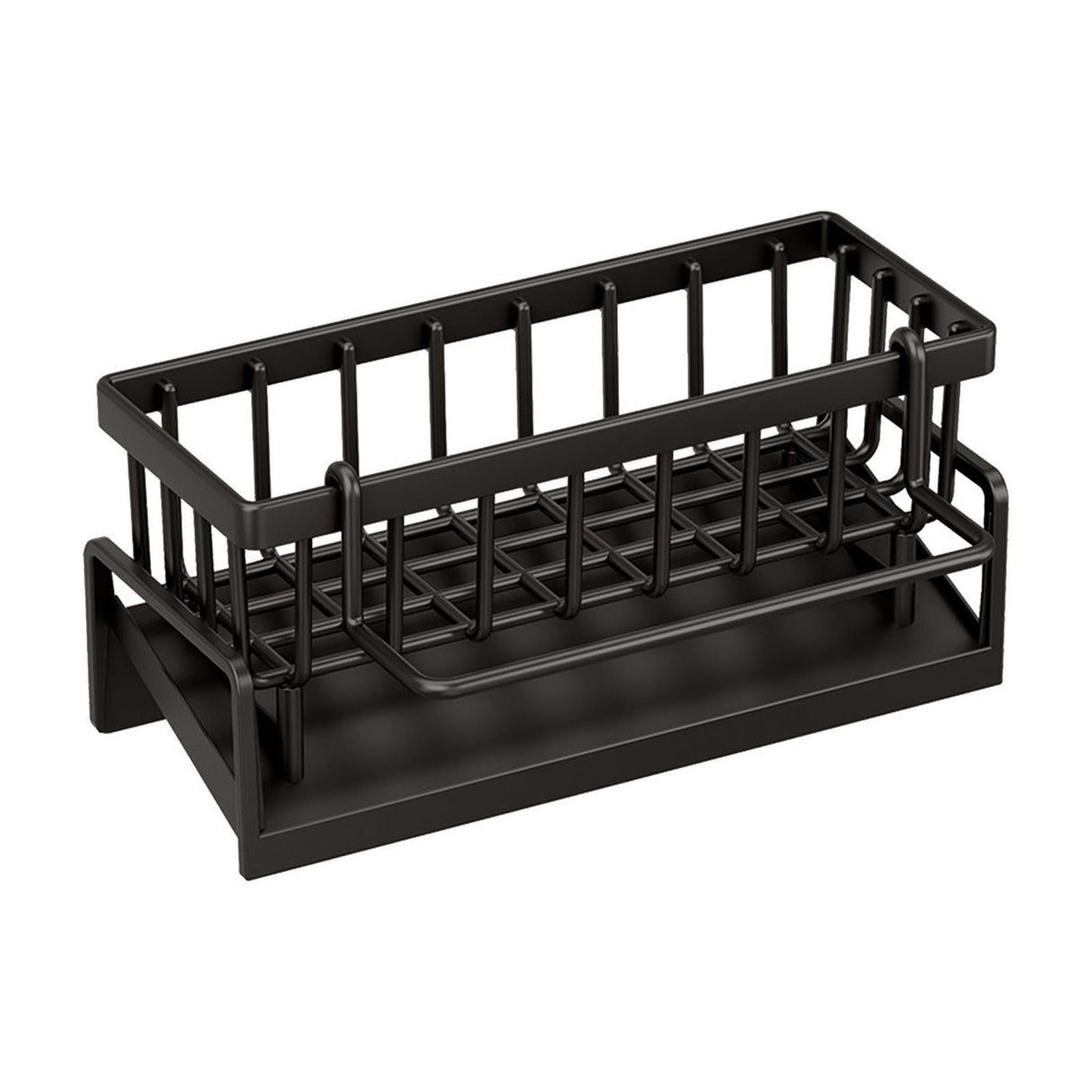 Dimensions of the black sink caddy organiser shown against a plain background