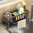 Grey sink caddy organiser with draining tray and side towel rod