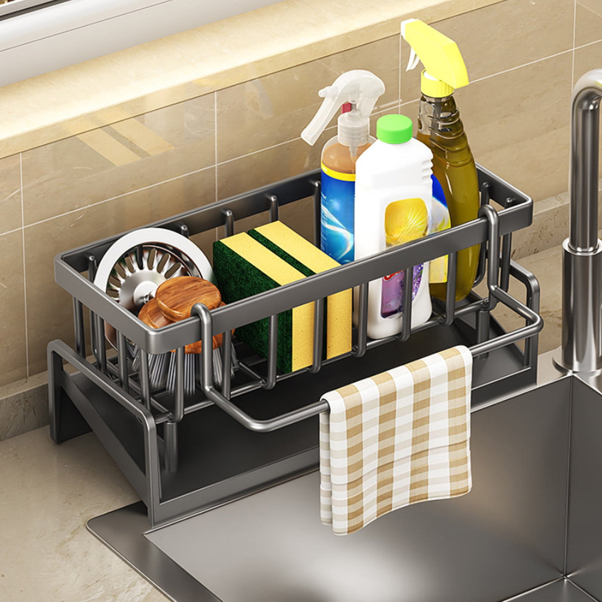 Grey sink caddy organiser with draining tray and side towel rod