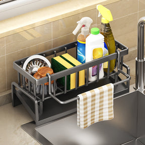Grey sink caddy organiser with draining tray and side towel rod
