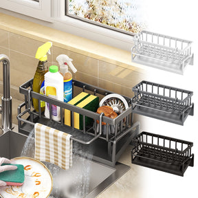 White sink caddy organiser with draining tray and side hanging rod