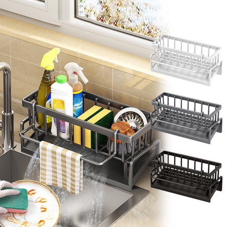 White sink caddy organiser with draining tray and side hanging rod
