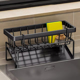 Black sink caddy organiser with draining tray and hanging towel rod
