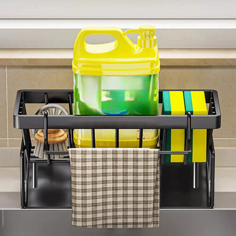 Detachable tray removed from the black sink caddy for cleaning
