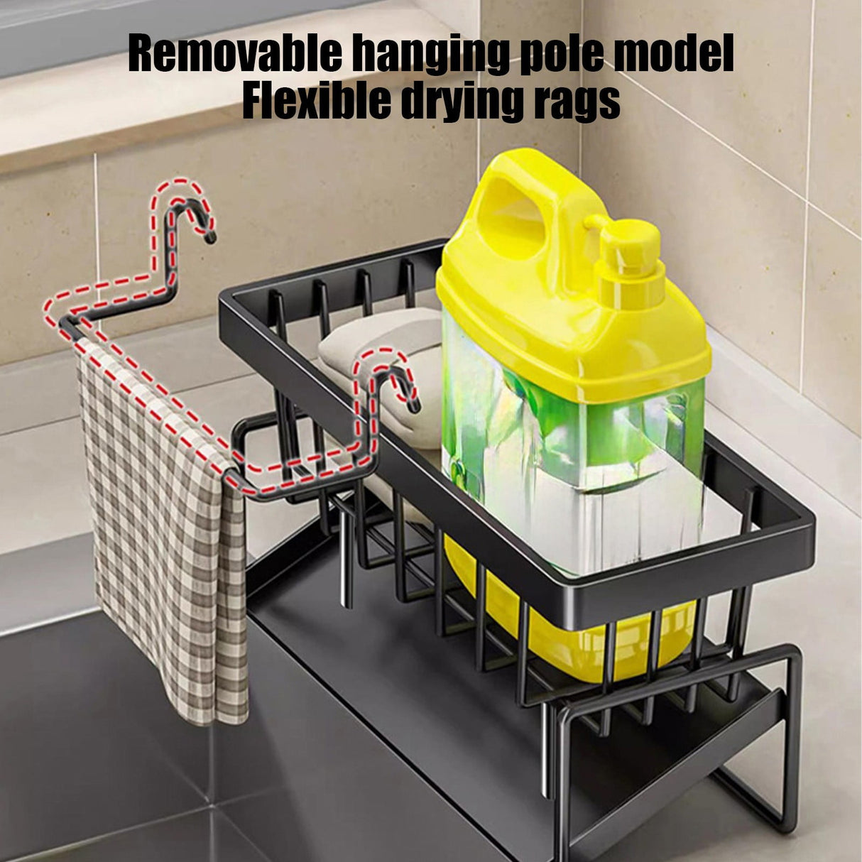Dimensions of the black sink caddy organiser on a plain background