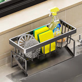 Grey sink caddy organiser with draining tray and hanging towel rod