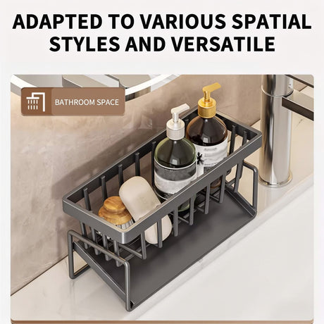 Dimensions of the grey sink caddy organiser on a plain background