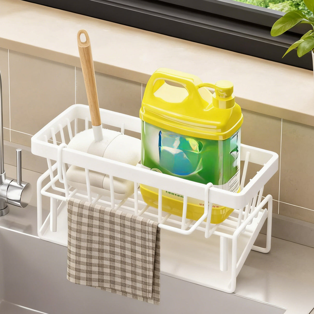 White sink caddy organiser with draining tray and hanging towel rod