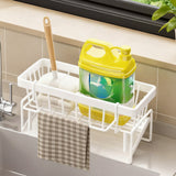 White sink caddy organiser with draining tray and hanging towel rod
