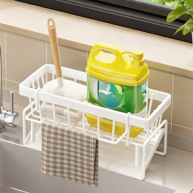 White sink caddy organiser with draining tray and hanging towel rod