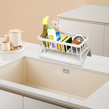Detachable tray removed from the white sink caddy for cleaning