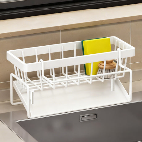 Dimensions of the white sink caddy organiser on a plain background