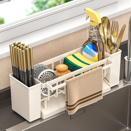 Beige sink caddy organiser with draining tray and hanging towel rod