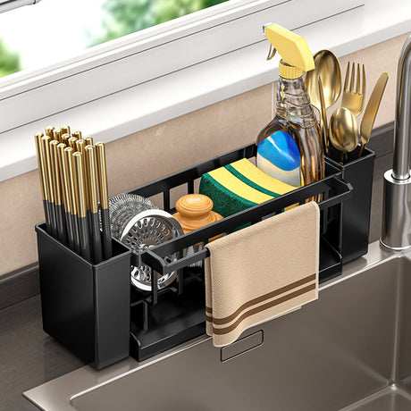 Black sink caddy organiser with draining tray and hanging towel rod