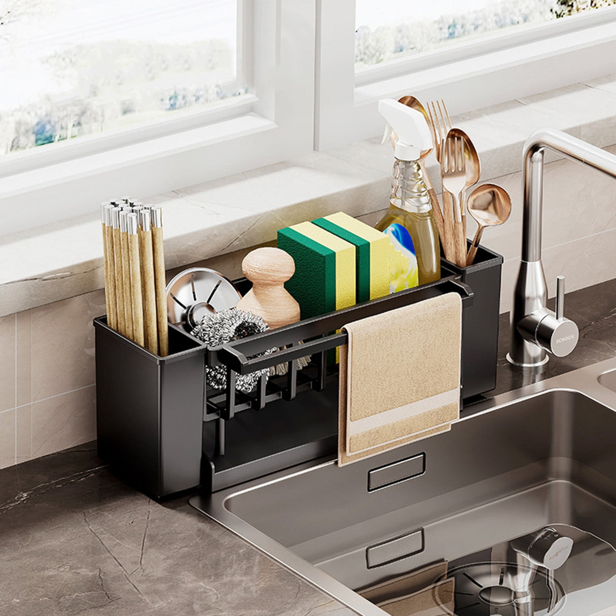 Detachable tray removed from the black sink caddy for cleaning