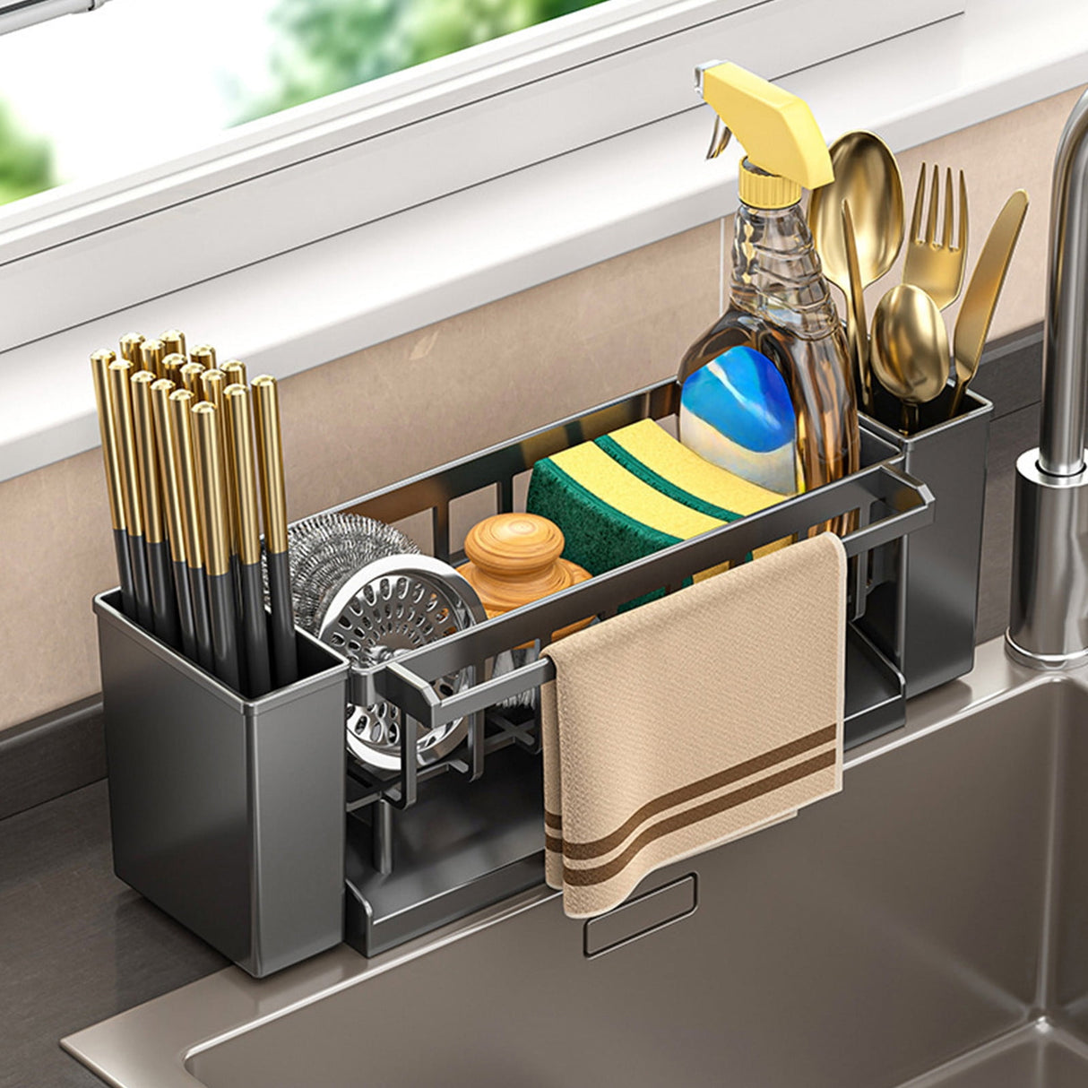 Grey sink caddy organiser with draining tray and hanging towel rod