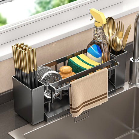 Grey sink caddy organiser with draining tray and hanging towel rod