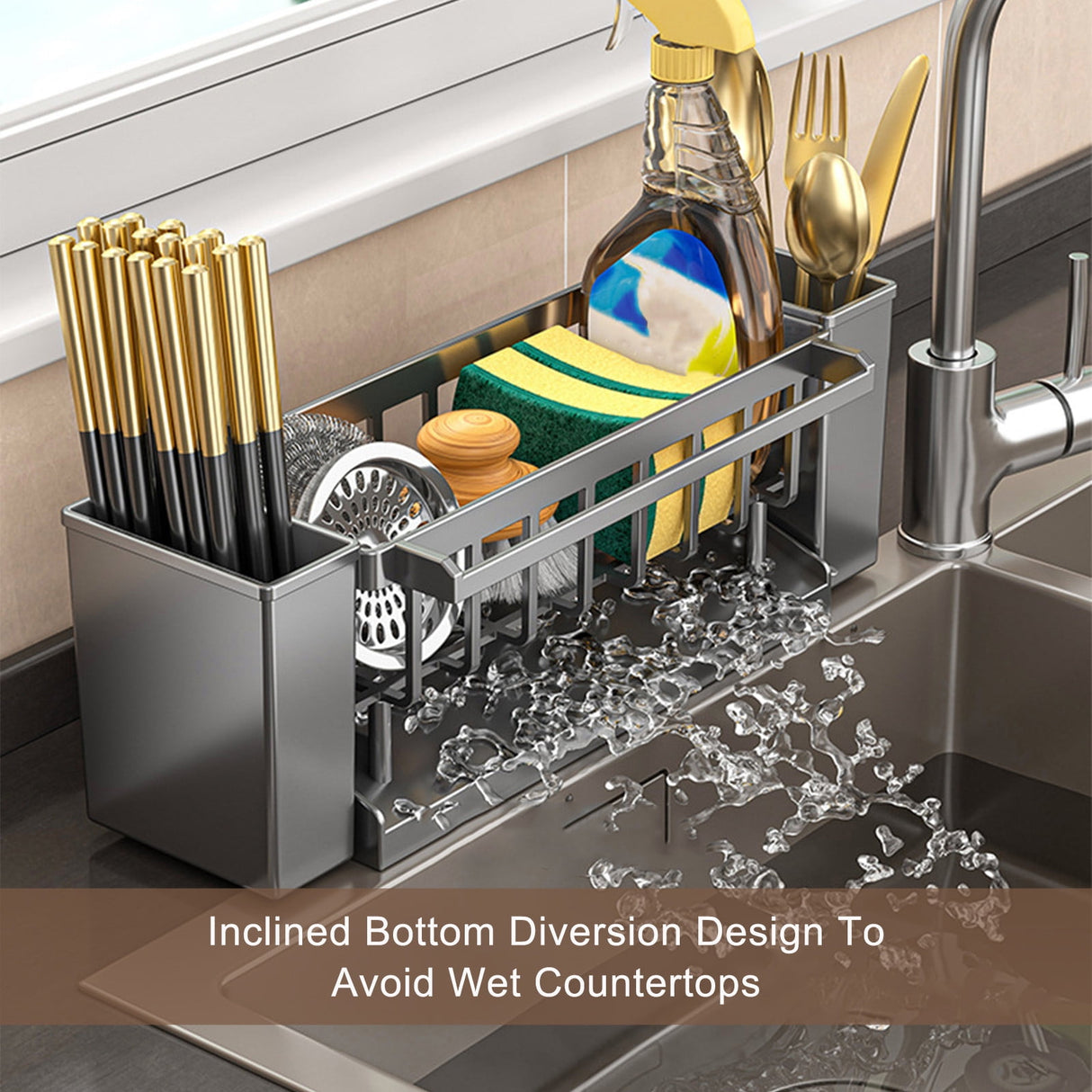 Sponges and brushes stored in the grey sink caddy tray
