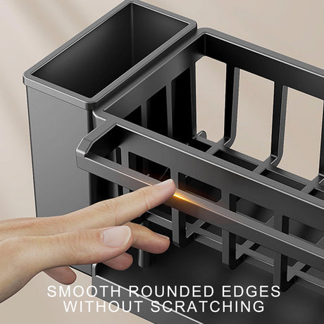 Side profile of the grey sink caddy organiser and towel rod
