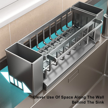 Dimensions of the grey sink caddy organiser on a plain background