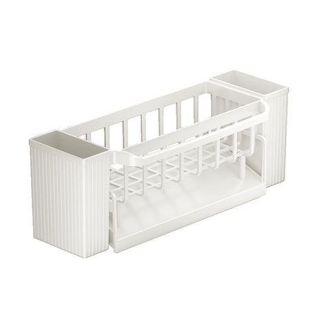 Sink caddy in beige holding a sponge, brush and bar of soap