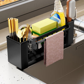 Black sink caddy organiser with draining tray and hanging towel rod