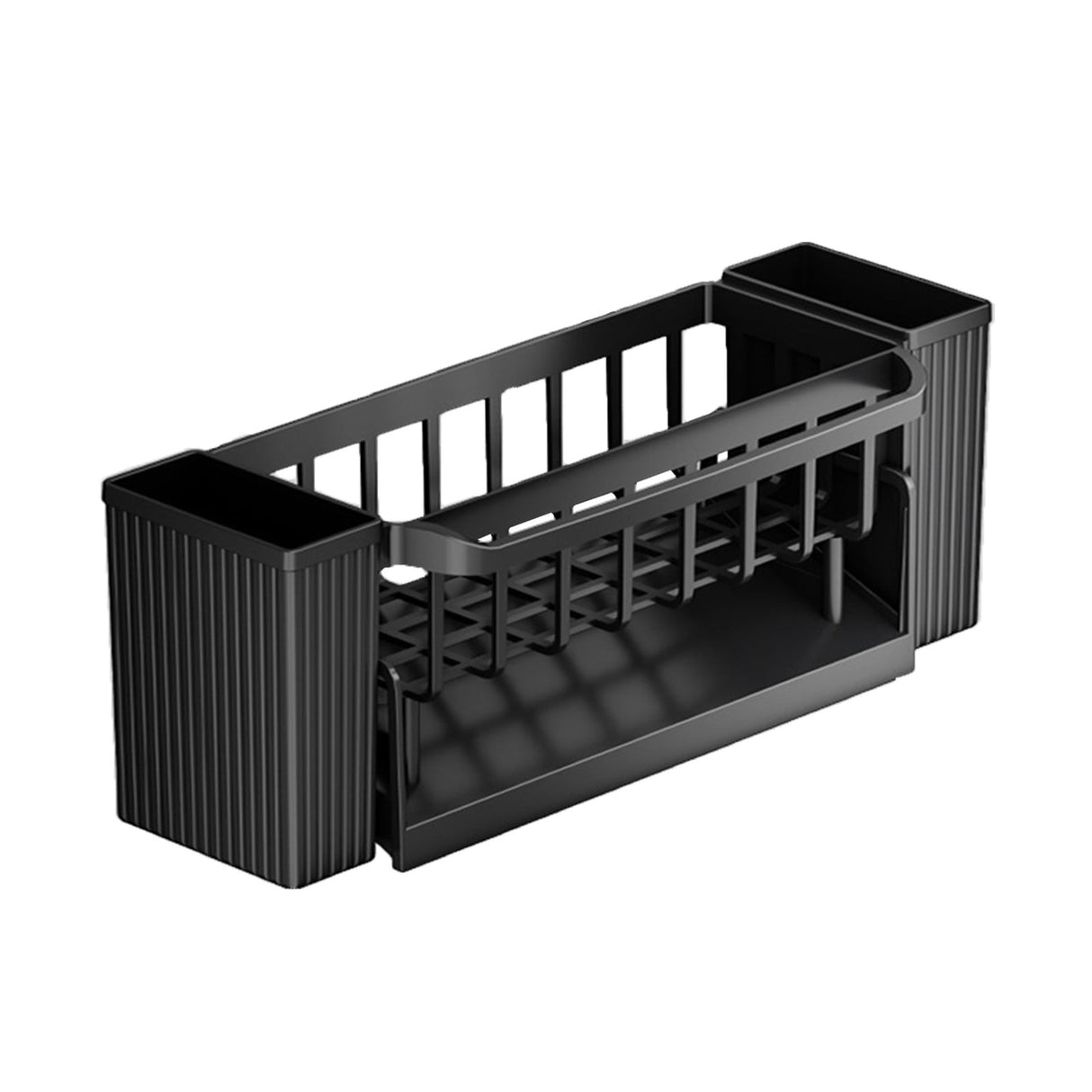 Black sink caddy holding sponges, brush and soap beside a sink