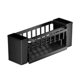 Black sink caddy holding sponges, brush and soap beside a sink