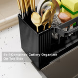 Black sink caddy organiser shown on a kitchen benchtop