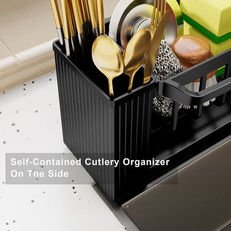 Black sink caddy organiser shown on a kitchen benchtop