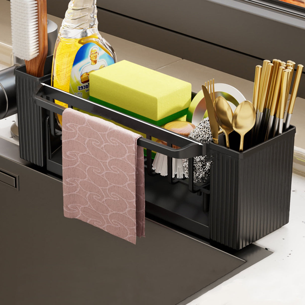 Dimensions of the black sink caddy organiser on a plain background
